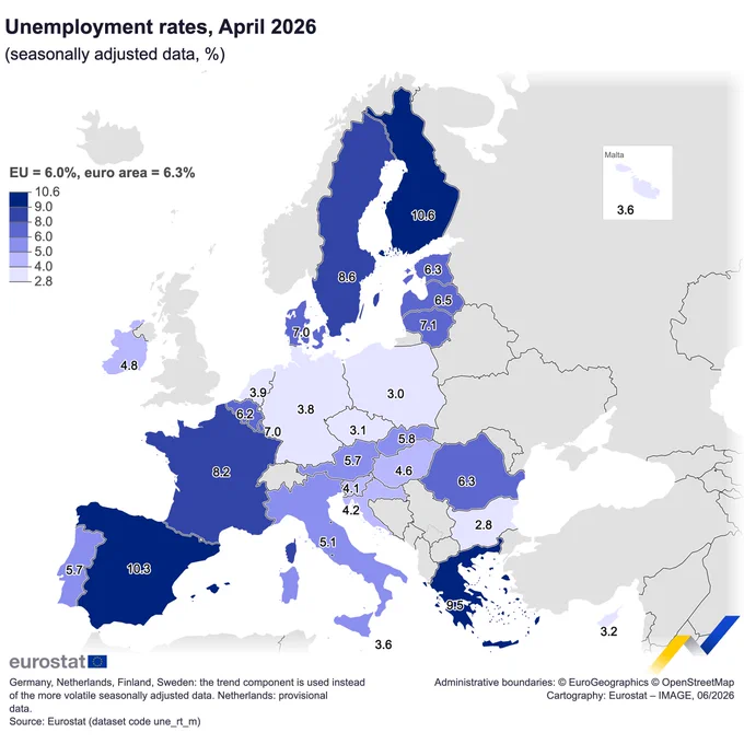 Map showing Unemployment rates, April 2026 (seasonally adjusted data, %) among EU countries