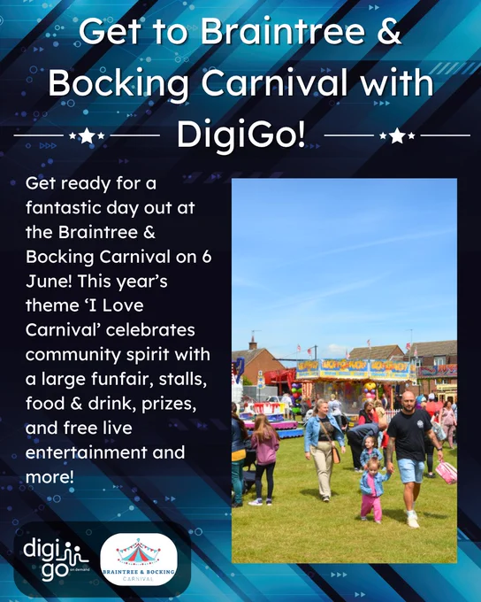 Braintree & Bocking Carnival poster with event details and a photo of families at a funfair.