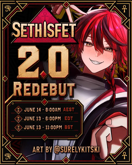 Announcement graphic for Seth Isfet 2.0 Redebut. June 14, 8:00 AM AEST. June 13, 6:00 PM EDT. June 13, 11:00 PM BST. Art by @surelykitski.