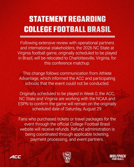 Statement regarding NC State's season opener being moved to Charlottesville. 