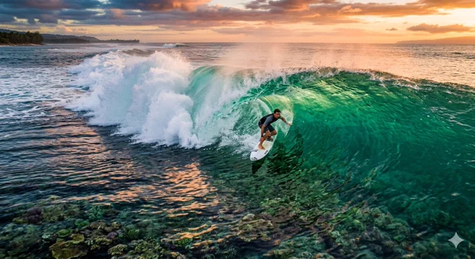 A surfer navigates a vibrant green tube wave, with a colorful reef visible beneath crystal-clear water at sunset.