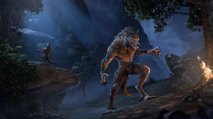 A werewolf investigates an abandoned torch while another in the distance howls at the moon. 
