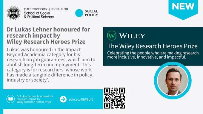 text reads: Dr Lukas Lehner honoured for research impact by 
Wiley Research Heroes Prize

Lukas was honoured in the Impact Beyond Academia category for his research on job guarantees, which aim to abolish long-term unemployment. This category is for researchers ‘whose work has made a tangible difference in policy, industry or society’.
