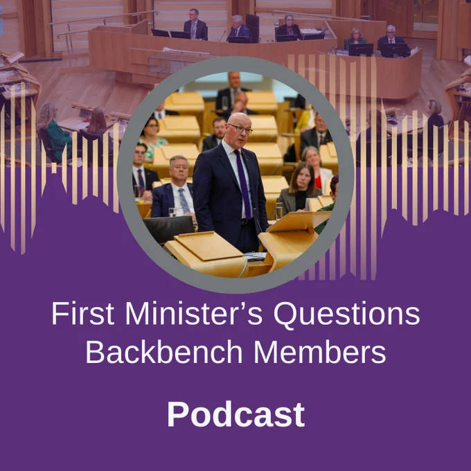 First Minister John Swinney in the Scottish Parliament debating chamber. He is standing up delivering a speech while other Members sit. Text reads "First Minister's Questions Backbench Members Podcast"