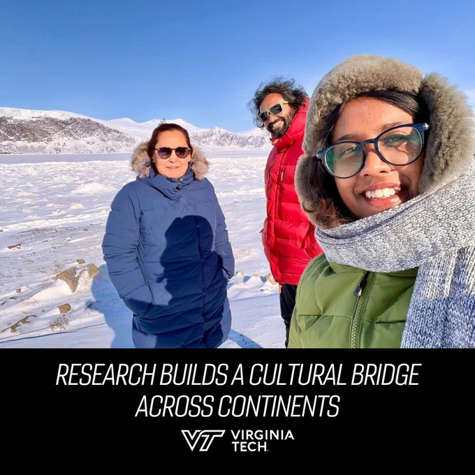 A student poses for a selfie in the Arctic with two others. Text on screen reads: “Research builds a cultural bridge across continents”