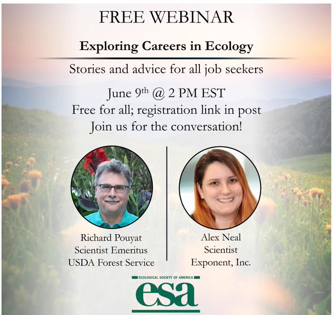 A promotional image with a background of a wildflower meadow to symbolize optimism and the future, with text describing the event overlaid and photos of the two panelists, Rich Pouyat and Alex Neal. Click through for full information and to register.