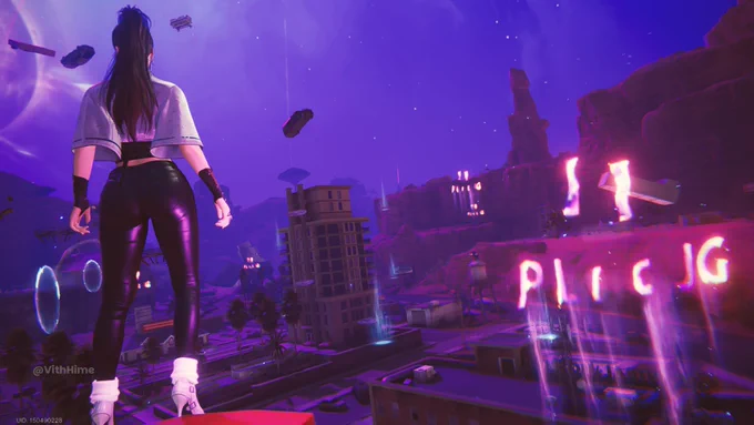 Once Human epic panorama: Back view of the player character high above a glowing purple futuristic settlement. Neon signs, floating vehicles, tall buildings, waterfalls of light, and massive cosmic sky create an immersive cyberpunk paradise. Absolute base-building goals!