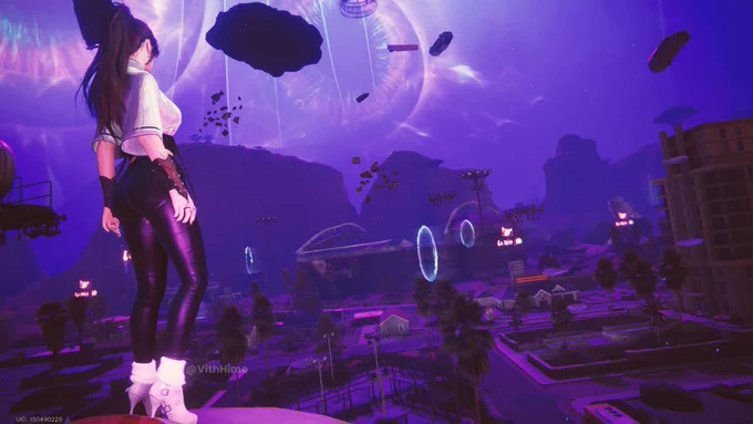 Once Human: Stunning purple cyberpunk view of a female character in white crop top and shiny black pants standing on a high ledge, overlooking a futuristic neon city with floating debris, glowing rings, massive portal in the sky, and dramatic rock formations. Pure dystopian beauty!