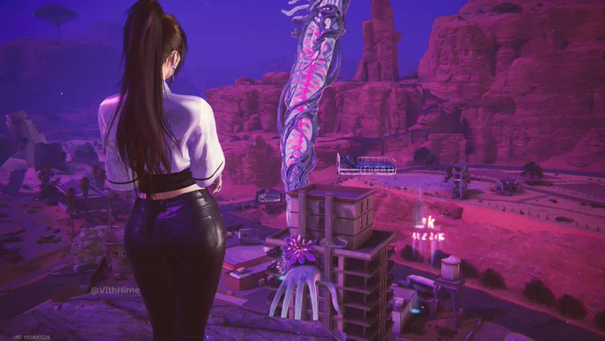 Once Human screenshot: Female character with long ponytail, seen from behind in a white cropped shirt and black pants, standing on a rock overlooking a post-apocalyptic purple landscape. A massive glowing organic spine structure towers over cliffs, abandoned buildings, and a giant hand holding a purple flower.