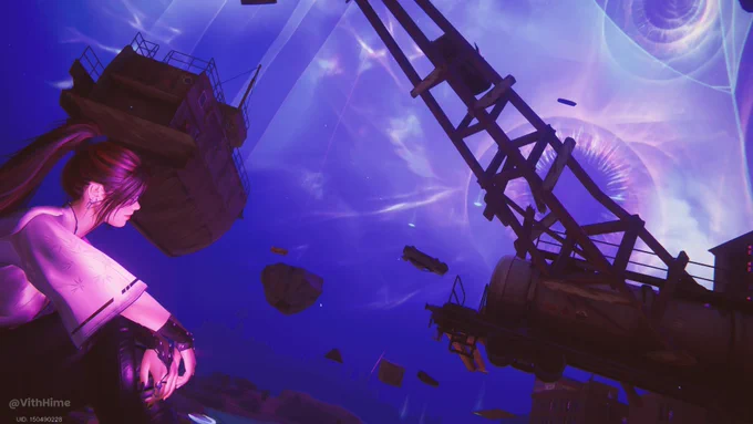 Once Human screenshot: Female character with long ponytail and white top, shown in profile on the left, looking at a surreal floating world. Wooden and metal structures, rocks, and debris hover in a vibrant purple and blue cosmic sky filled with glowing light vortices and beams.