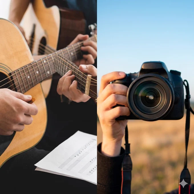 Split image with a person playing the acoustic guitar on the left and a person in a field holding a camera on the right