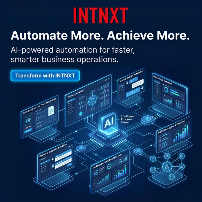 The future of business isn't more work.
It's smarter work.
Automate repetitive tasks.
Improve efficiency.
Scale with confidence.
Transform your operations with INTNXT.
*
*
*
#Automation #ArtificialIntelligence #BusinessOperations #INTNXT 