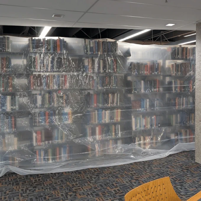 A stack of books in a library. The stacks is covered with a plastic sheet.