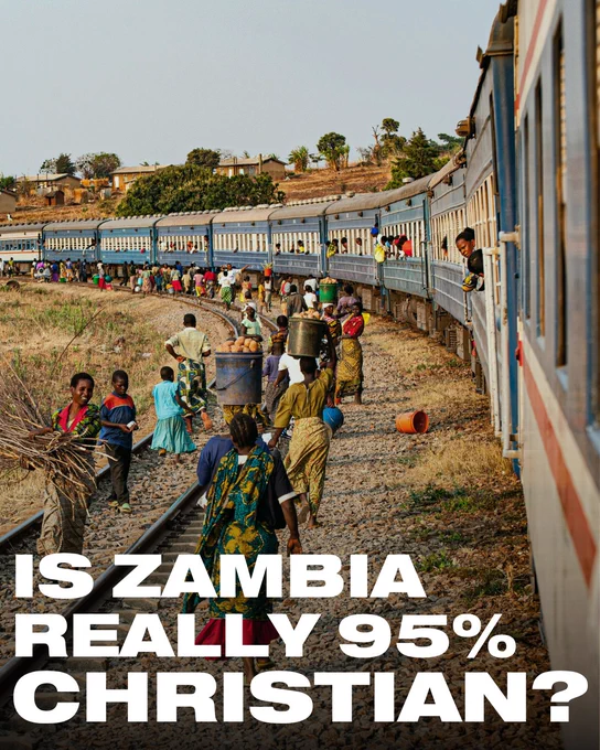 A vibrant scene of a train journey in Zambia with people engaging alongside the tracks. The image poses a cultural question about religious demographics.