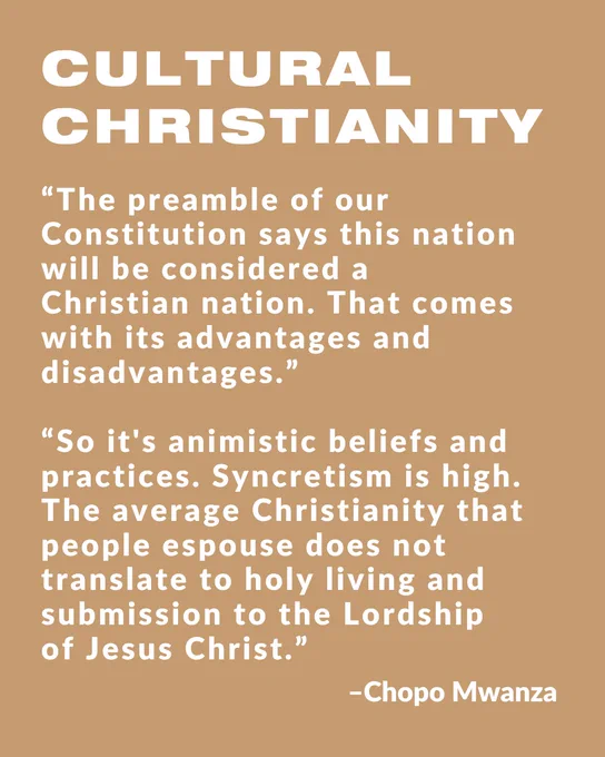 A quote from Chopo Mwanza discussing cultural Christianity and syncretism. The text critiques how animistic beliefs and syncretism affect Christian living.