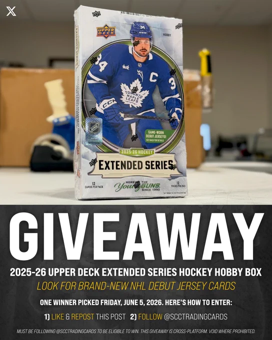 We're giving away a 2025-26 Upper Deck Extended Series Hockey Hobby Box! To enter:

1) LIKE & REPOST this post
2) FOLLOW @SCCTradingCards

One winner picked on Friday, June 5, 2026. Must be following to win. This giveaway is cross-platform. Also enter on Facebook to increase your chances of winning!