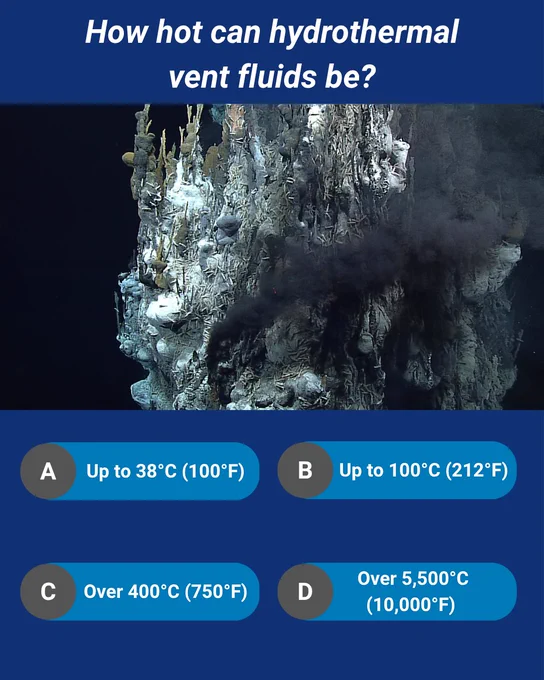 A trivia question as described in the post text. The answer options are:  A: Up to 38°C (100°F), B: Up to 100°C (212°F), C: Over 400°C (750°F), and D: Over 5,500°C (10,000°F) The media includes an image of a “black smoker” hydrothermal vent chimney.