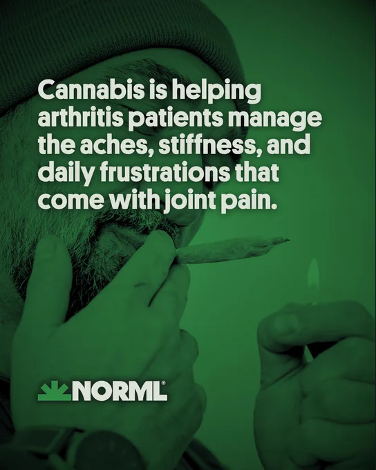 Headline reads, "Cannabis is helping arthritis patients manage the aches, stiffness, and daily frustrations that come with joint pain." Background shows a close-up of an middle-aged man lighting a legal cannabis joint.