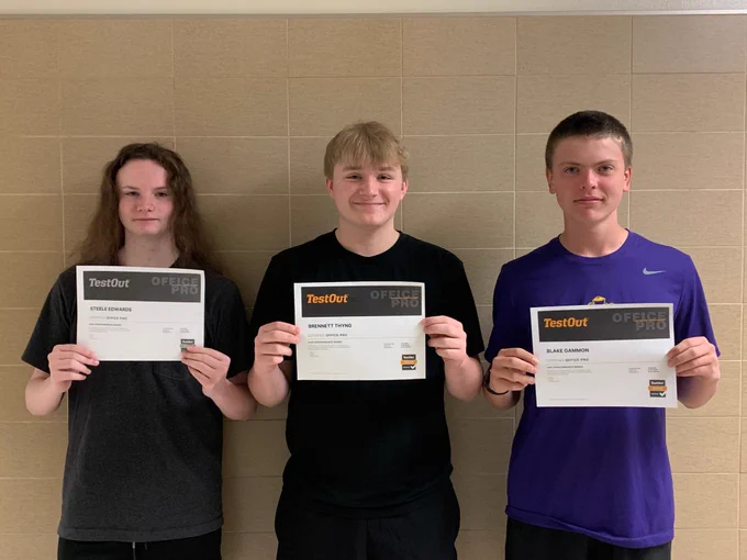Steele Edwards, Brennett Thyng, and Blake Gammon, who recently passed a Microsoft Office industry certification exam