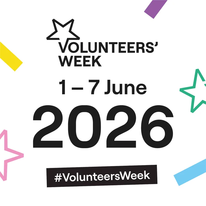 Graphic with colourful stars and shapes with text saying “Volunteers' Week 1 – 7 June 2026. #VolunteersWeek”.
