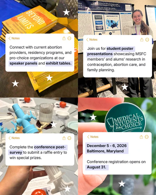 Connect with current abortion providers, residency programs, and pro-choice organizations at our speaker panels and exhibit tables.

Join us for student poster presentations showcasing MSFC members’ and alums’ research in contraception, abortion care, and family planning.

Complete the conference post-survey to submit a raffle entry to win special prizes.

December 5 - 6, 2026⁠
Baltimore, Maryland

Conference registration opens on August 31.