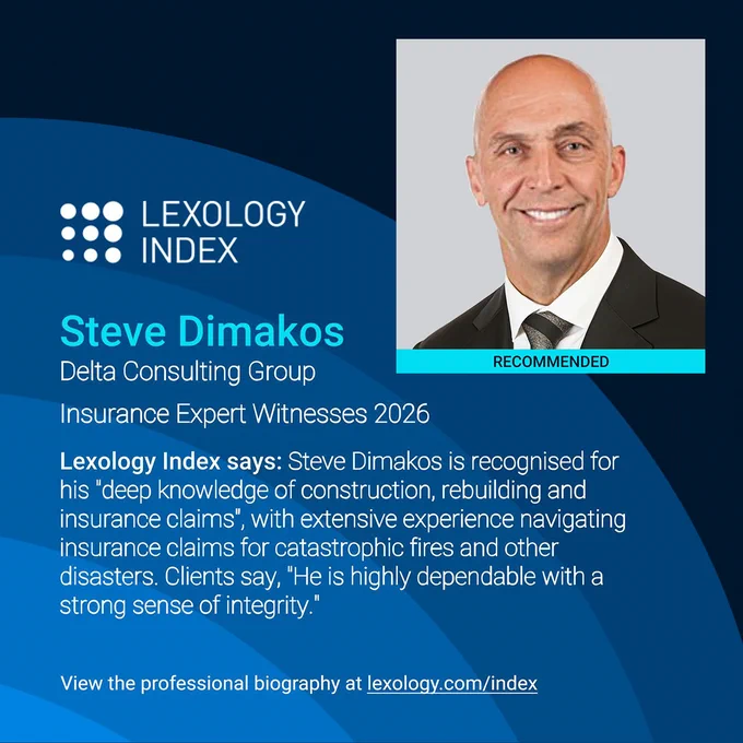 This image displays a profile for Lexology Index. It features an individual from Delta Consulting Group, recommended as an Insurance Expert Witness for 2026. The profile includes positive remarks about their technical skills and ability to convey complex issues clearly. A website link to view the full biography is provided at lexology.com/index.