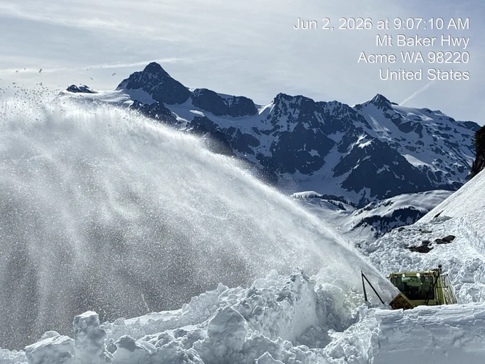A snowblower works to clear snow from the roadway on SR 542/Mt. Baker Highway on the road to Artist Point.