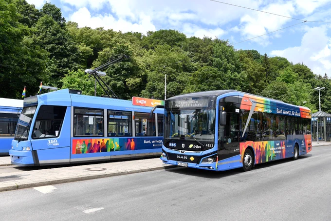 Tram und Bus im Pride-Design