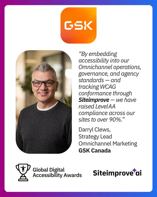 Quote card with the GSK logo and a headshot of Darryl Clews, Strategy Lead Omnichannel Marketing, GSK Canada. His quote: "By embedding accessibility into our Omnichannel operations…we have raised Level AA compliance across our sites to over 90%." Global Digital Accessibility Awards and Siteimprove AI logos at the bottom.