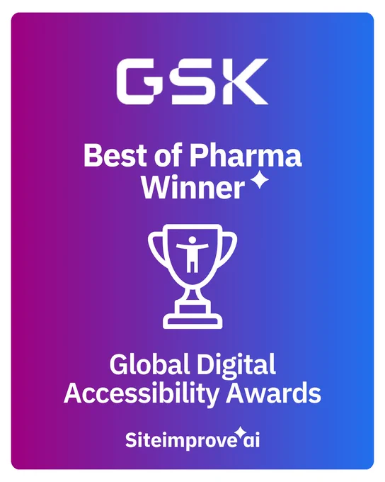 Award graphic on a purple-to-blue gradient background. White text reads "GSK – Best of Pharma Winner" with a trophy icon featuring an accessibility symbol. Text below reads "Global Digital Accessibility Awards" and the Siteimprove AI logo.
