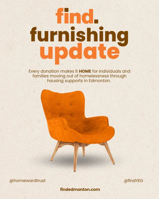 Find furnishing update Orange chair in middle of Pic. Every donation makes it HOME for someone moving out of homelessness through housing supports in Edmonton. @findyeg, @homewardtrust findedmonton.com