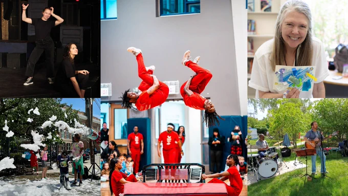 A collage featuring women doing improv in a black box theater, a group of three men playing instruments outside, children in a foam party outside, a woman holding up collage art made by a child and two men flipping in the air in an auditorium.
