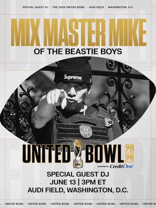 Promotional poster featuring Mix Master Mike as a special guest DJ for the 2026 United Bowl at Audi Field, Washington, D.C. The image has a bold, energetic tone.