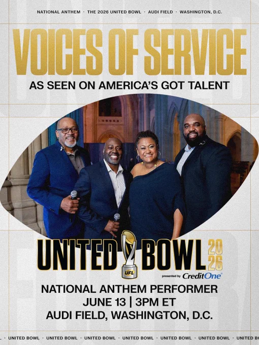 Poster announcing Voices of Service performing the National Anthem at the 2026 United Bowl at Audi Field, Washington, D.C. The quartet, known from America's Got Talent, is shown smiling in formal attire.