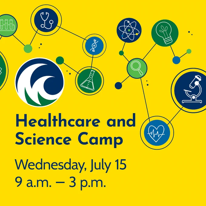 Yellow background with illustrations of medical and science symbols connected by lines, such as a stethoscope, microscope, and test tube. A logo with stylized waves is on the left. Text reads: “Healthcare and Science Camp. Wednesday, July 15, 9 a.m. – 3 p.m.”