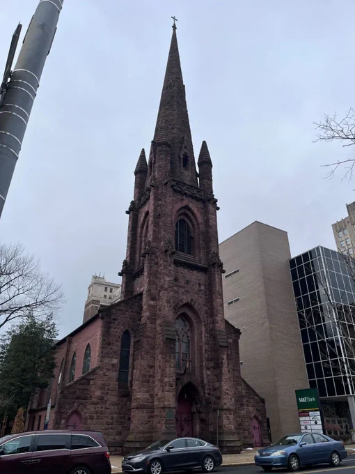 View northwest towards the Christ Episcopal Church of Reading’s east, primary façade showing ornamented masonry work by master mason Maltzberger. 