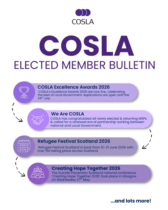 COSLA Elected Member Bulletin highlighting key updates including the launch of the COSLA Excellence Awards, We Are COSLA, Refugee Festival Scotland 2026 and the Creating Hope Together Conference 2026.