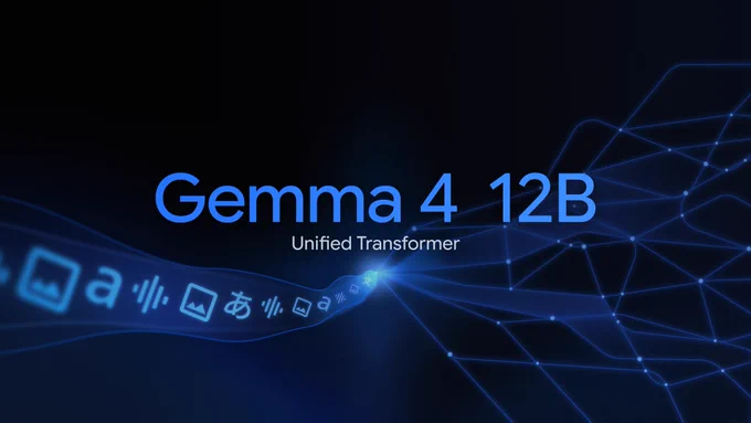 Promotional graphic on a black background featuring the large blue text "Gemma 4 12B" above smaller white text that reads "Unified Transformer." A glowing blue ribbon containing multi-modal icons (representing images, text, and audio) flows from the left into a central point, branching out into a complex, luminous blue neural network map on the right.