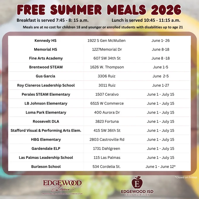 2026 Free Summer Meals locations and times 