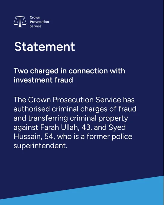 Statement from Crown Prosecution Service: Two charged with investment fraud.