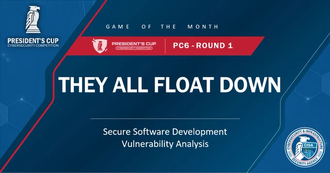 The image is a promotional banner for the President's Cup Cybersecurity Competition. It features text "Game of the Month," "PC6 - Round 1," and the phrase "They All Float Down." It also mentions "Secure Software Development Vulnerability Analysis" and includes logos for the President's Cup and CISA Cybersecurity & Infrastructure Security Agency.