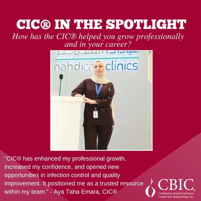 A red poster spotlighting Aya Taha Emara, CIC, an adult wearing a cream-colored head-covering and brown blouse with a blue lanyard while smiling. Aya's response to the question, "How has the CIC helped you grow professionally and in your career" is shown.