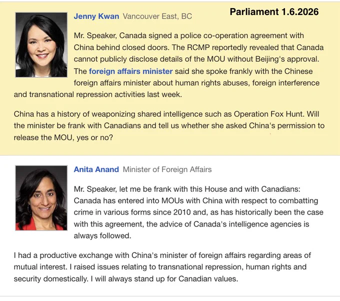 A transcript screenshot from a June 1st, 2026 Foreign Affairs Oral Questions period. NDP MP Jenny Kwan asks Foreign Affairs Minister Anita Anand if Canada sought Beijing's permission to release a closed-door police co-operation MOU, noting concerns over foreign interference and Operation Fox Hunt. Minister Anand responds that Canada has had crime-combatting MOUs with China since 2010, follows intelligence agency advice, and raised transnational repression and human rights in her recent meeting.