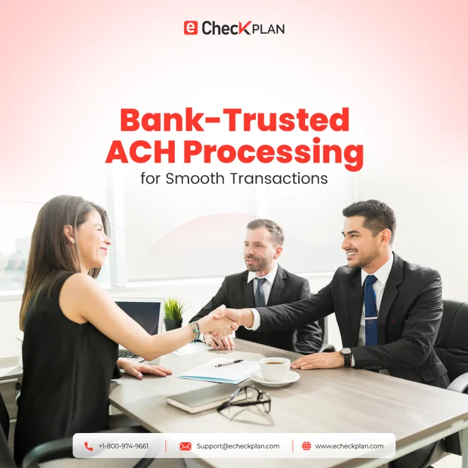 ACH Payments Your Business Can Count On!

When reliability matters, businesses choose ACH.

eCheckPlan helps merchants accept ACH payments with a secure, bank-backed solution designed for smoother transactions, lower processing costs, and improved cash flow.

■ Fast and reliable payment processing
■ Lower transaction costs than cards
■ Secure bank-to-bank payments
■ Ideal for recurring and high-ticket transactions
■ Built for businesses of all sizes

Make payment collection simpler and more cost-effective with eCheckPlan.

☎ (800) 974-9661 |  ✉ support@echeckplan.com