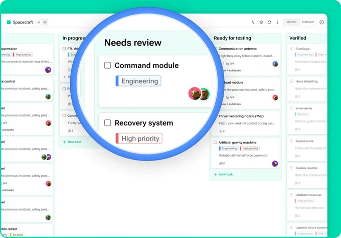 Screenshot of the Board view interface in GQueues. Five columns appear side by side with tasks in them. A magnifying loupe focuses on the Needs review column, with two tasks inside it.
