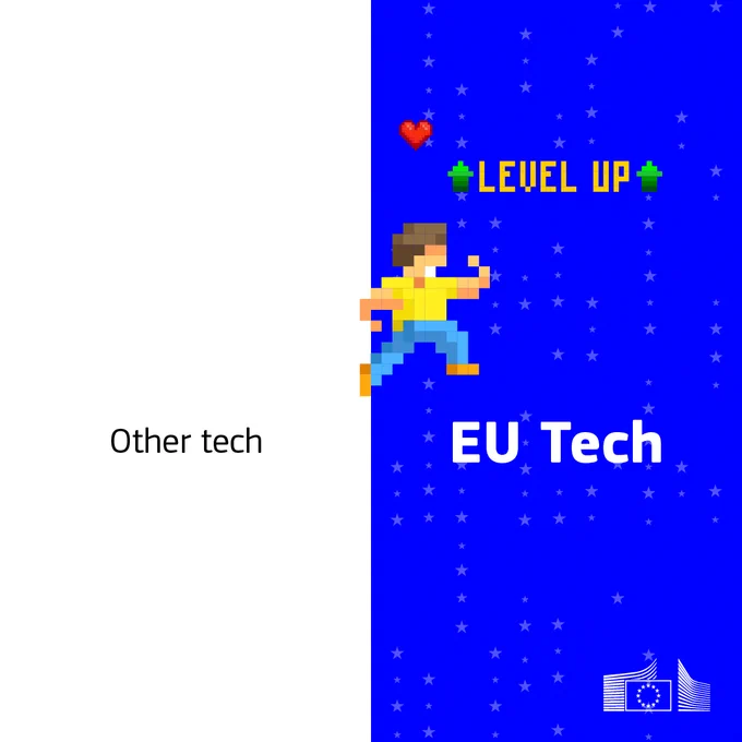 A split-screen graphic. The left half is white with the text "Other tech". The right half is blue with a pattern of small stars, the text "EU Tech", and a European Commission’s logo in the bottom corner. In the centre, a flat-style illustration of a man pushes against the vertical dividing line, moving it towards the left. 

 
