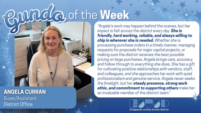 Angela Curran, District Office Buyer/Assistant, praised for her dedication, accuracy, and commitment to supporting others in her role.