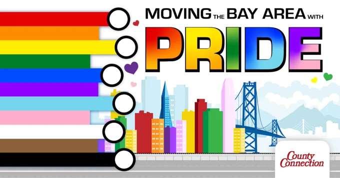 Colorful rainbow stripes with hearts highlight the phrase 'Moving the Bay Area with Pride' above a vibrant city skyline and the Bay Bridge.