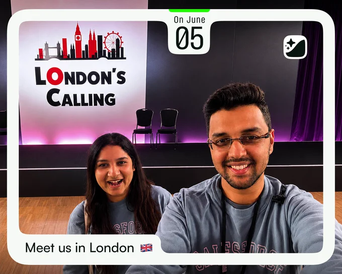 Navin and Neha smiling for a selfie at London's Calling in London on June 5. They are standing in front of a stage featuring a large "London's Calling" sign with a London skyline graphic, including Big Ben and the London Eye. The image includes a banner that reads "Meet us in London 🇬🇧," highlighting their attendance at the Salesforce community event and inviting attendees to connect with them.