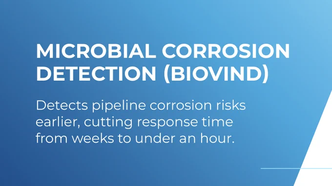 a blue background with white text that reads "microbial corrosion detection (biovind). Detect pipeline corrosion risks earlier, cutting response time from weeks to under an hour.